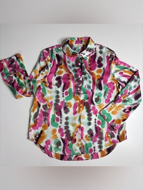 PINCH XL Colorful Satin Abstract Button Front Blouse